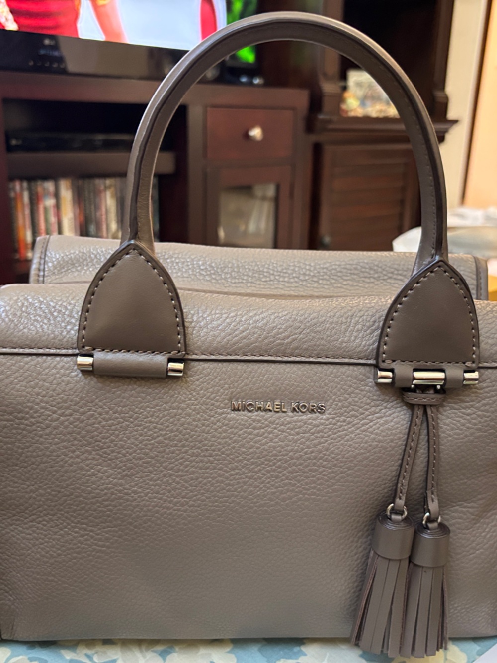 Michael Kors Taupe Pebbled Leather Tote with Tassel